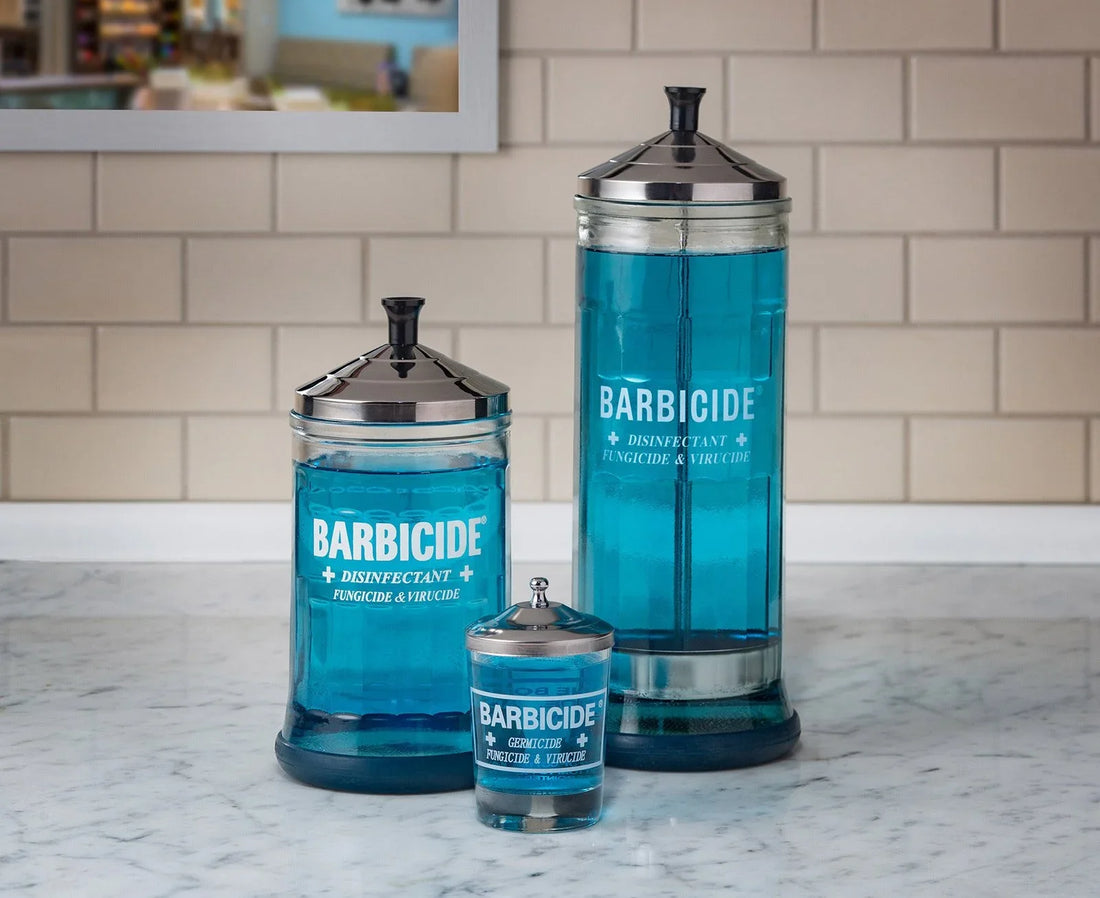 blue barbicide liquid containers